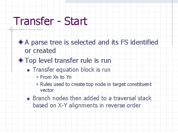 Transfer - Start A parse tree is selected and its FS identified or created Transfer - Start A parse tree is selected and its FS identified or created