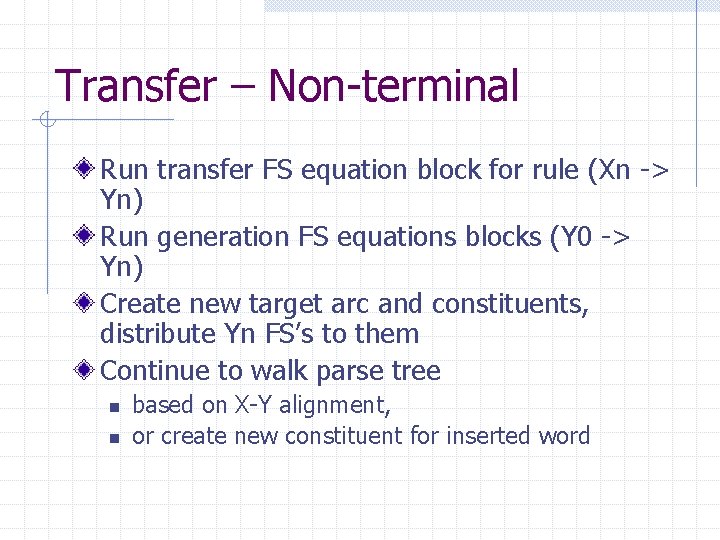 Transfer – Non-terminal Run transfer FS equation block for rule (Xn -> Yn) Run Transfer – Non-terminal Run transfer FS equation block for rule (Xn -> Yn) Run