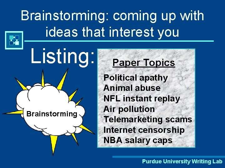 Brainstorming: coming up with ideas that interest you Listing: Brainstorming Paper Topics Political apathy