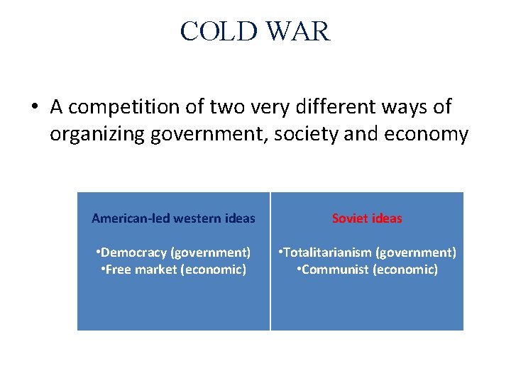 COLD WAR • A competition of two very different ways of organizing government, society