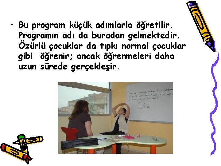  • Bu program küçük adımlarla öğretilir. Programın adı da buradan gelmektedir. Özürlü çocuklar