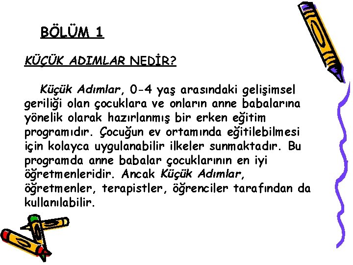 BÖLÜM 1 KÜÇÜK ADIMLAR NEDİR? Küçük Adımlar, 0 -4 yaş arasındaki gelişimsel geriliği olan