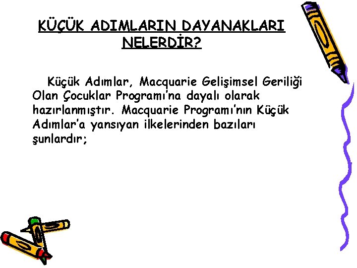 KÜÇÜK ADIMLARIN DAYANAKLARI NELERDİR? Küçük Adımlar, Macquarie Gelişimsel Geriliği Olan Çocuklar Programı’na dayalı olarak