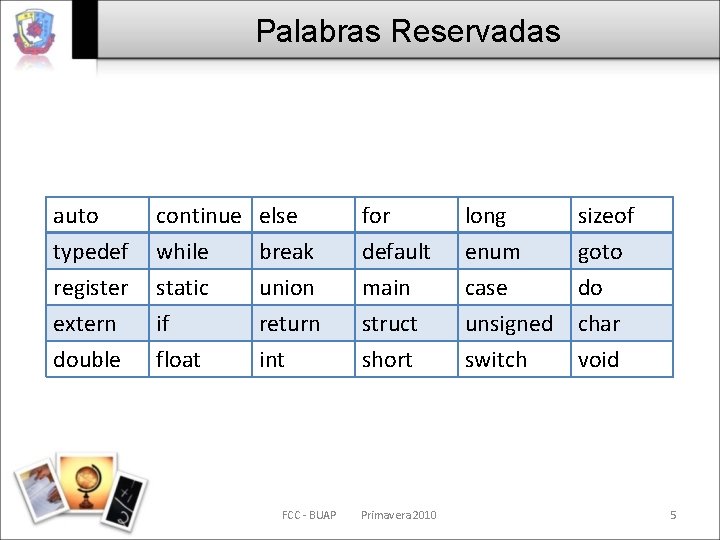 Palabras Reservadas auto typedef register extern continue while static if else break union return