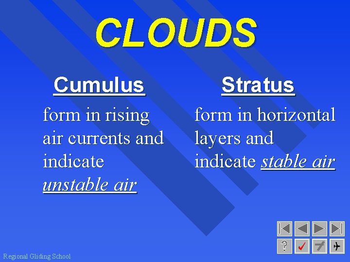 CLOUDS Cumulus form in rising air currents and indicate unstable air Regional Gliding School