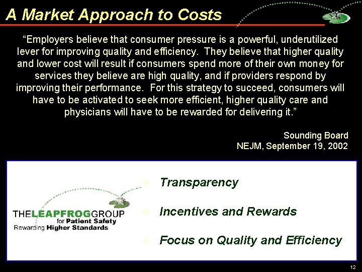A Market Approach to Costs “Employers believe that consumer pressure is a powerful, underutilized