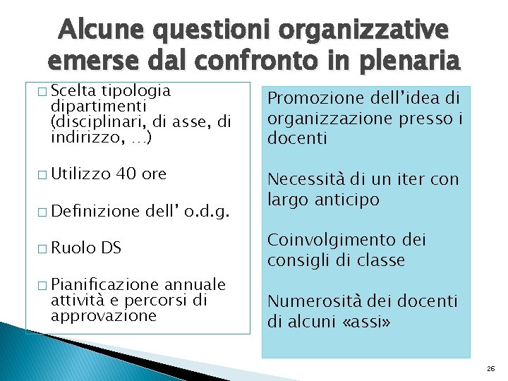 Alcune questioni organizzative emerse dal confronto in plenaria � Scelta tipologia dipartimenti (disciplinari, di