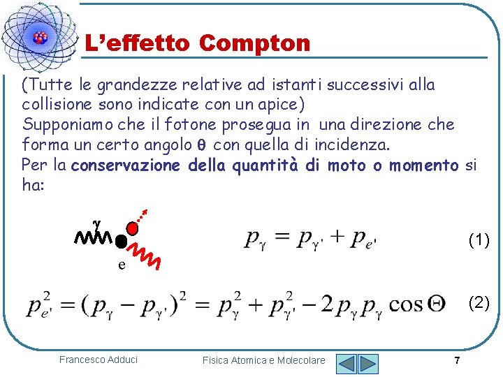 L’effetto Compton (Tutte le grandezze relative ad istanti successivi alla collisione sono indicate con