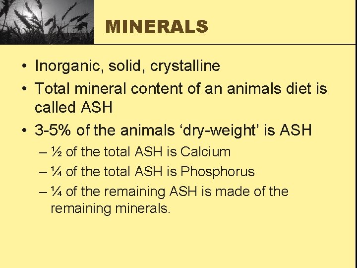 MINERALS • Inorganic, solid, crystalline • Total mineral content of an animals diet is