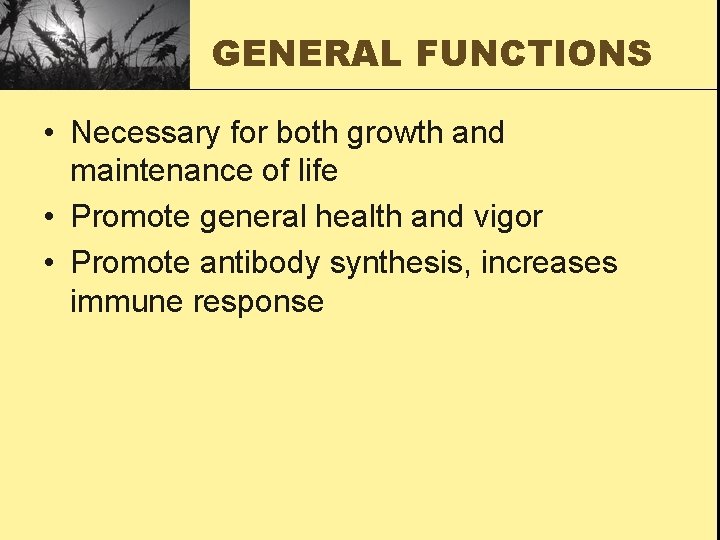 GENERAL FUNCTIONS • Necessary for both growth and maintenance of life • Promote general