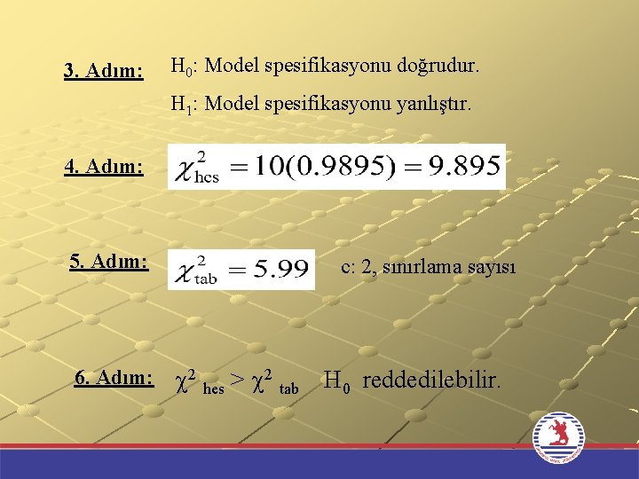 3. Adım: H 0: Model spesifikasyonu doğrudur. H 1: Model spesifikasyonu yanlıştır. 4. Adım: