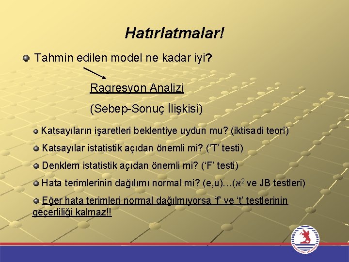 Hatırlatmalar! Tahmin edilen model ne kadar iyi? Ragresyon Analizi (Sebep-Sonuç İlişkisi) Katsayıların işaretleri beklentiye