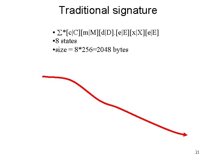 Traditional signature • *[c|C][m|M][d|D]. [e|E][x|X][e|E] • 8 states • size = 8*256=2048 bytes 21