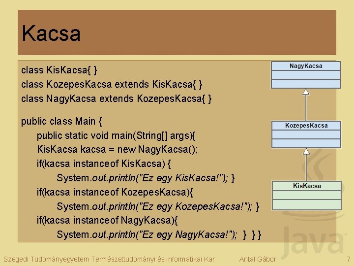 Kacsa class Kis. Kacsa{ } class Kozepes. Kacsa extends Kis. Kacsa{ } class Nagy.