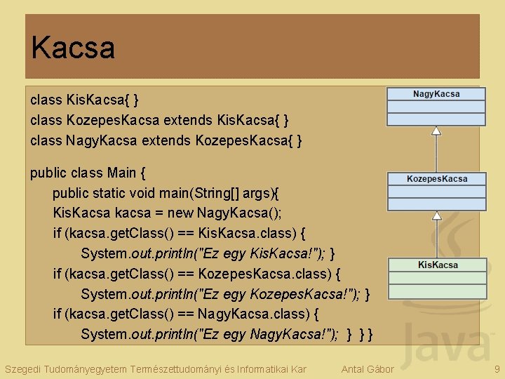 Kacsa class Kis. Kacsa{ } class Kozepes. Kacsa extends Kis. Kacsa{ } class Nagy.