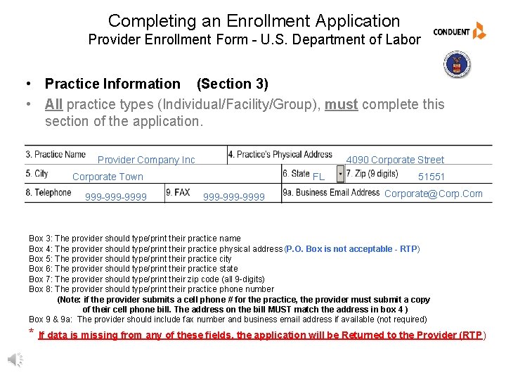 Completing an Enrollment Application Provider Enrollment Form - U. S. Department of Labor •