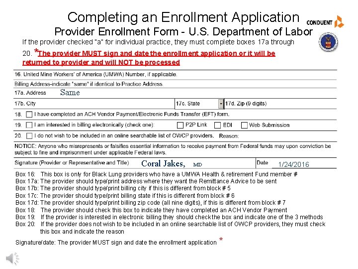 Completing an Enrollment Application Provider Enrollment Form - U. S. Department of Labor If