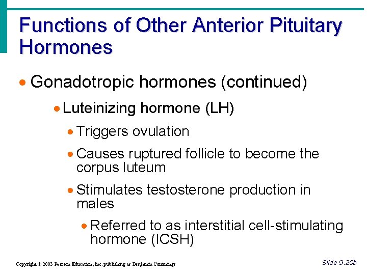 Functions of Other Anterior Pituitary Hormones · Gonadotropic hormones (continued) · Luteinizing hormone (LH) Functions of Other Anterior Pituitary Hormones · Gonadotropic hormones (continued) · Luteinizing hormone (LH)