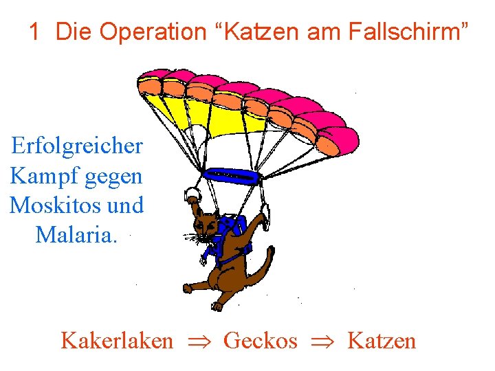 1 Die Operation “Katzen am Fallschirm” Erfolgreicher Kampf gegen Moskitos und Malaria. Kakerlaken Geckos