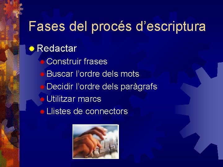 Fases del procés d’escriptura ® Redactar ® Construir frases ® Buscar l’ordre dels mots