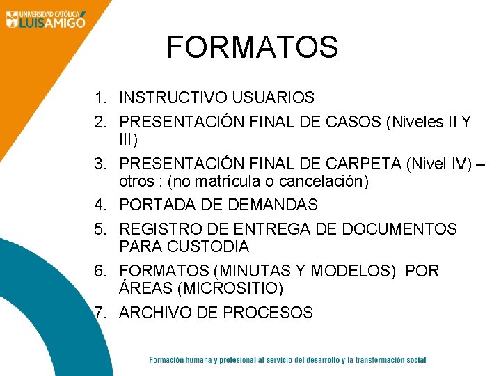 FORMATOS 1. INSTRUCTIVO USUARIOS 2. PRESENTACIÓN FINAL DE CASOS (Niveles II Y III) 3.