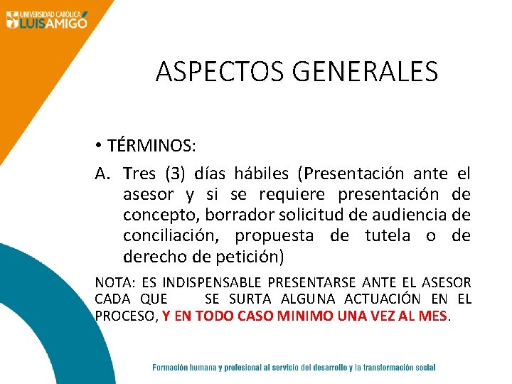 ASPECTOS GENERALES • TÉRMINOS: A. Tres (3) días hábiles (Presentación ante el asesor y