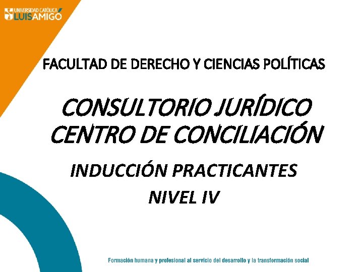 FACULTAD DE DERECHO Y CIENCIAS POLÍTICAS CONSULTORIO JURÍDICO CENTRO DE CONCILIACIÓN INDUCCIÓN PRACTICANTES NIVEL