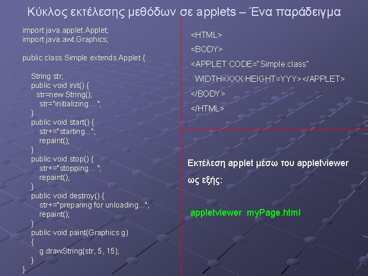 Κύκλος εκτέλεσης μεθόδων σε applets – Ένα παράδειγμα import java. applet. Applet; import java.