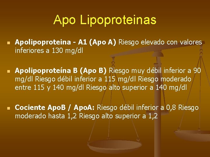 Apo Lipoproteinas n n n Apolipoproteina - A 1 (Apo A) Riesgo elevado con