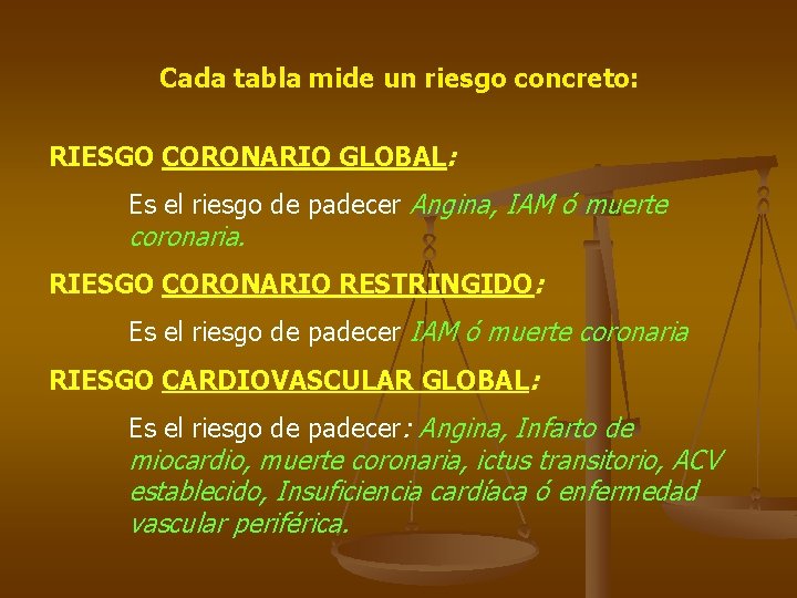 Cada tabla mide un riesgo concreto: RIESGO CORONARIO GLOBAL: Es el riesgo de padecer