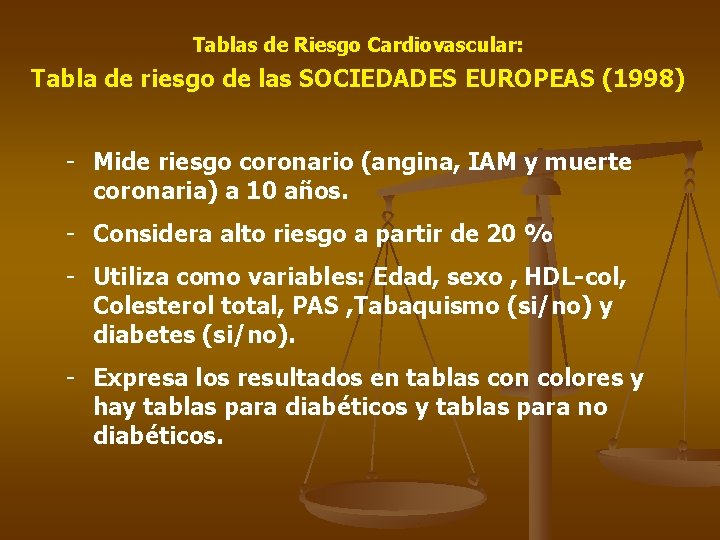 Tablas de Riesgo Cardiovascular: Tabla de riesgo de las SOCIEDADES EUROPEAS (1998) - Mide