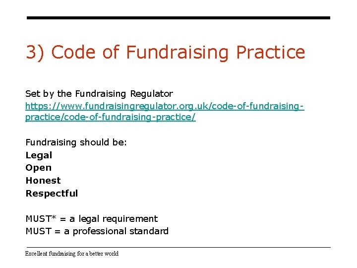 3) Code of Fundraising Practice Set by the Fundraising Regulator https: //www. fundraisingregulator. org. 3) Code of Fundraising Practice Set by the Fundraising Regulator https: //www. fundraisingregulator. org.