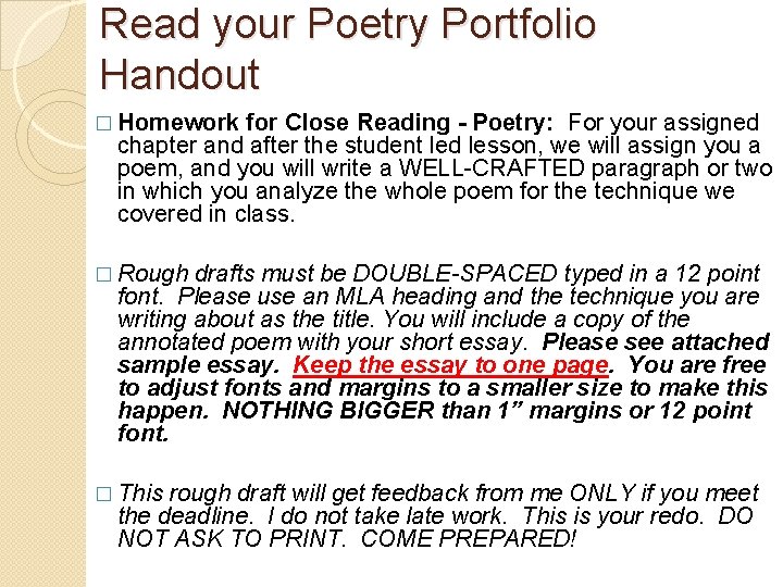 Read your Poetry Portfolio Handout � Homework for Close Reading - Poetry: For your