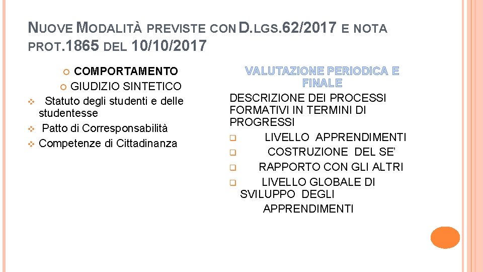 NUOVE MODALITÀ PREVISTE CON D. LGS. 62/2017 E NOTA PROT. 1865 DEL 10/10/2017 COMPORTAMENTO