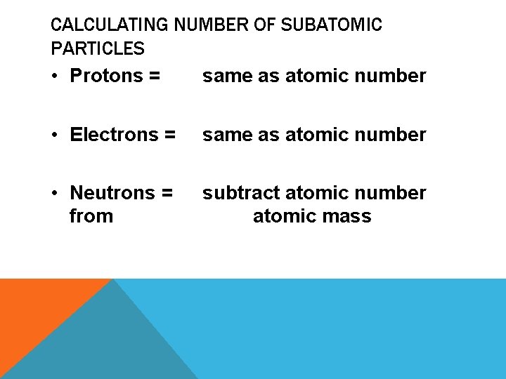 CALCULATING NUMBER OF SUBATOMIC PARTICLES • Protons = same as atomic number • Electrons CALCULATING NUMBER OF SUBATOMIC PARTICLES • Protons = same as atomic number • Electrons