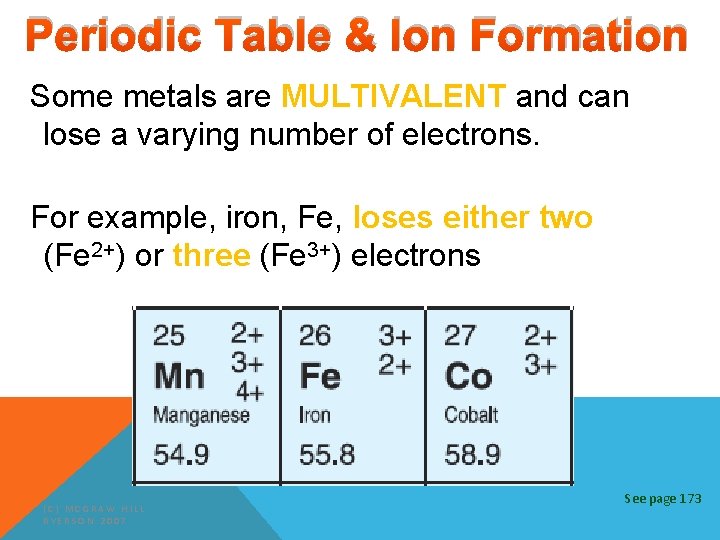 Periodic Table & Ion Formation Some metals are MULTIVALENT and can lose a varying