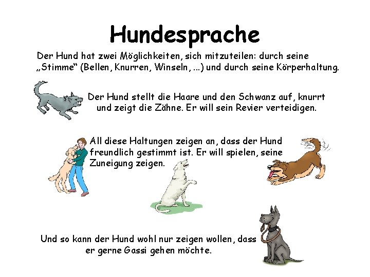 Hundesprache Der Hund hat zwei Möglichkeiten, sich mitzuteilen: durch seine „Stimme“ (Bellen, Knurren, Winseln,