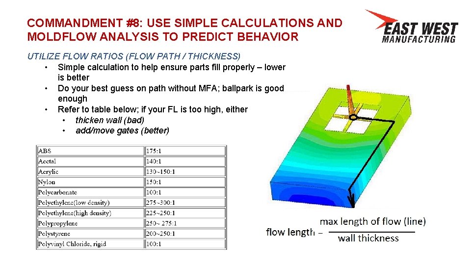 COMMANDMENT #8: USE SIMPLE CALCULATIONS AND MOLDFLOW ANALYSIS TO PREDICT BEHAVIOR UTILIZE FLOW RATIOS