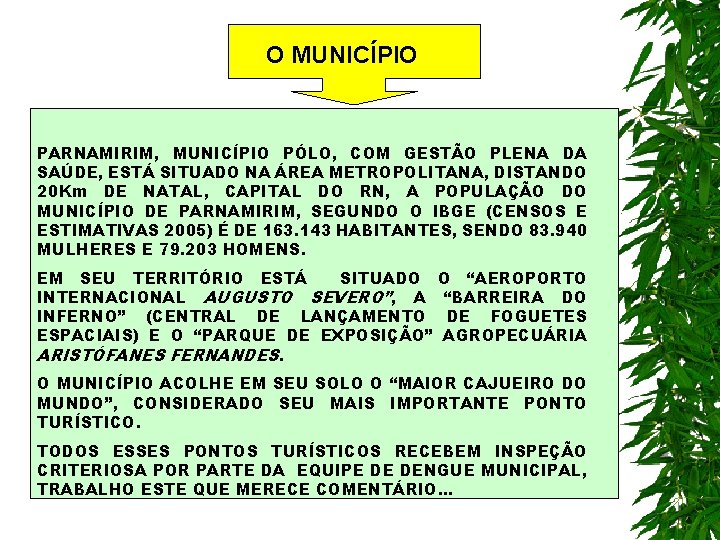 O MUNICÍPIO PARNAMIRIM, MUNICÍPIO PÓLO, COM GESTÃO PLENA DA SAÚDE, ESTÁ SITUADO NA ÁREA