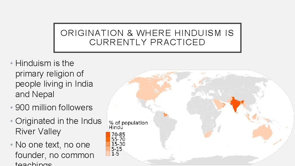 ORIGINATION & WHERE HINDUISM IS CURRENTLY PRACTICED • Hinduism is the primary religion of