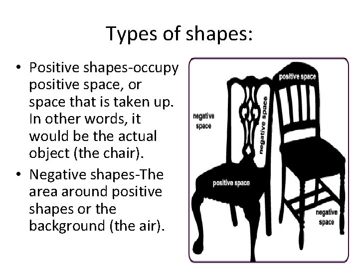 Types of shapes: • Positive shapes-occupy positive space, or space that is taken up.