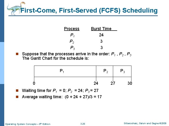 First-Come, First-Served (FCFS) Scheduling Process Burst Time P 1 24 P 2 3 P