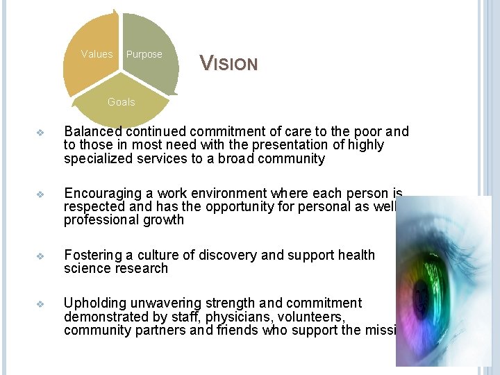 Values Purpose VISION Goals v Balanced continued commitment of care to the poor and