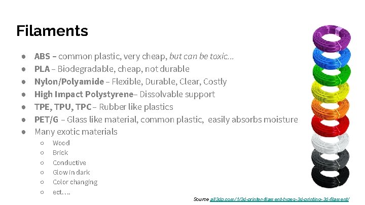 Filaments ● ● ● ● ABS – common plastic, very cheap, but can be Filaments ● ● ● ● ABS – common plastic, very cheap, but can be