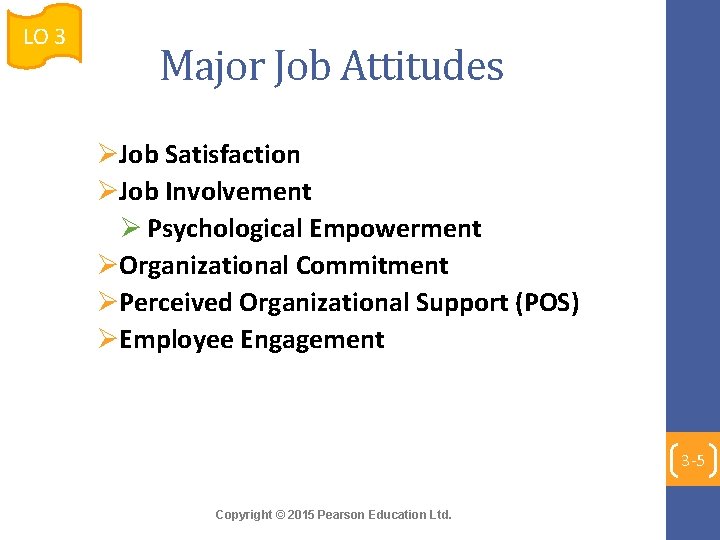 LO 3 Major Job Attitudes ØJob Satisfaction ØJob Involvement Ø Psychological Empowerment ØOrganizational Commitment