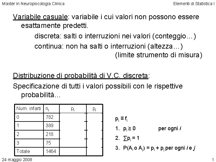 Master in Neuropsicologia Clinica Elementi di Statistica I Variabile casuale: variabile i cui valori