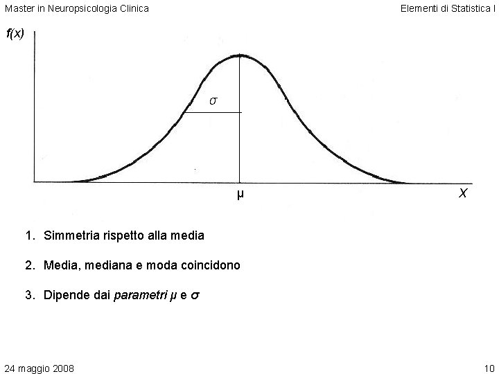 Master in Neuropsicologia Clinica Elementi di Statistica I f(x) σ μ X 1. Simmetria