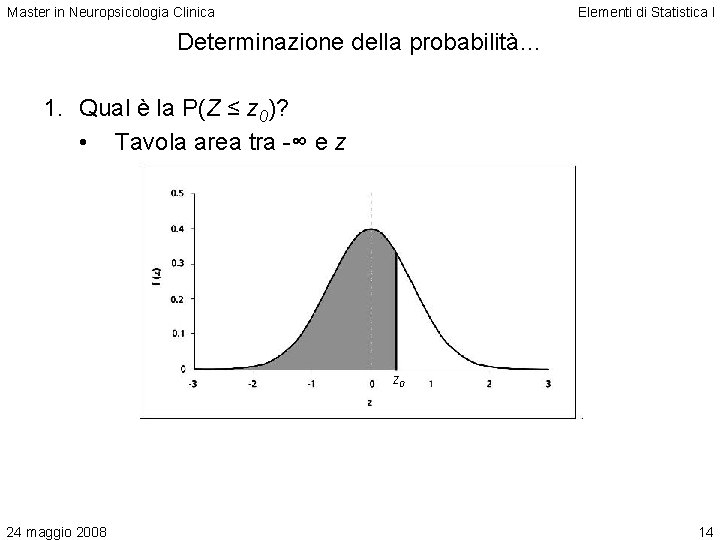 Master in Neuropsicologia Clinica Elementi di Statistica I Determinazione della probabilità… 1. Qual è