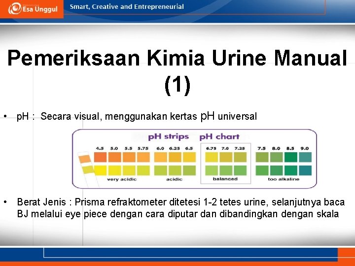 Pemeriksaan Kimia Urine Manual (1) • p. H : Secara visual, menggunakan kertas p.