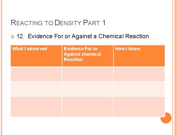 REACTING TO DENSITY PART 1 12. Evidence For or Against a Chemical Reaction What